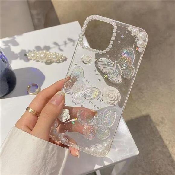 iPhone 16, 16 Pro, 16 Pro Max Bling Butterfly Glitter Case w/ Pearl Strap - Picture 4 of 7